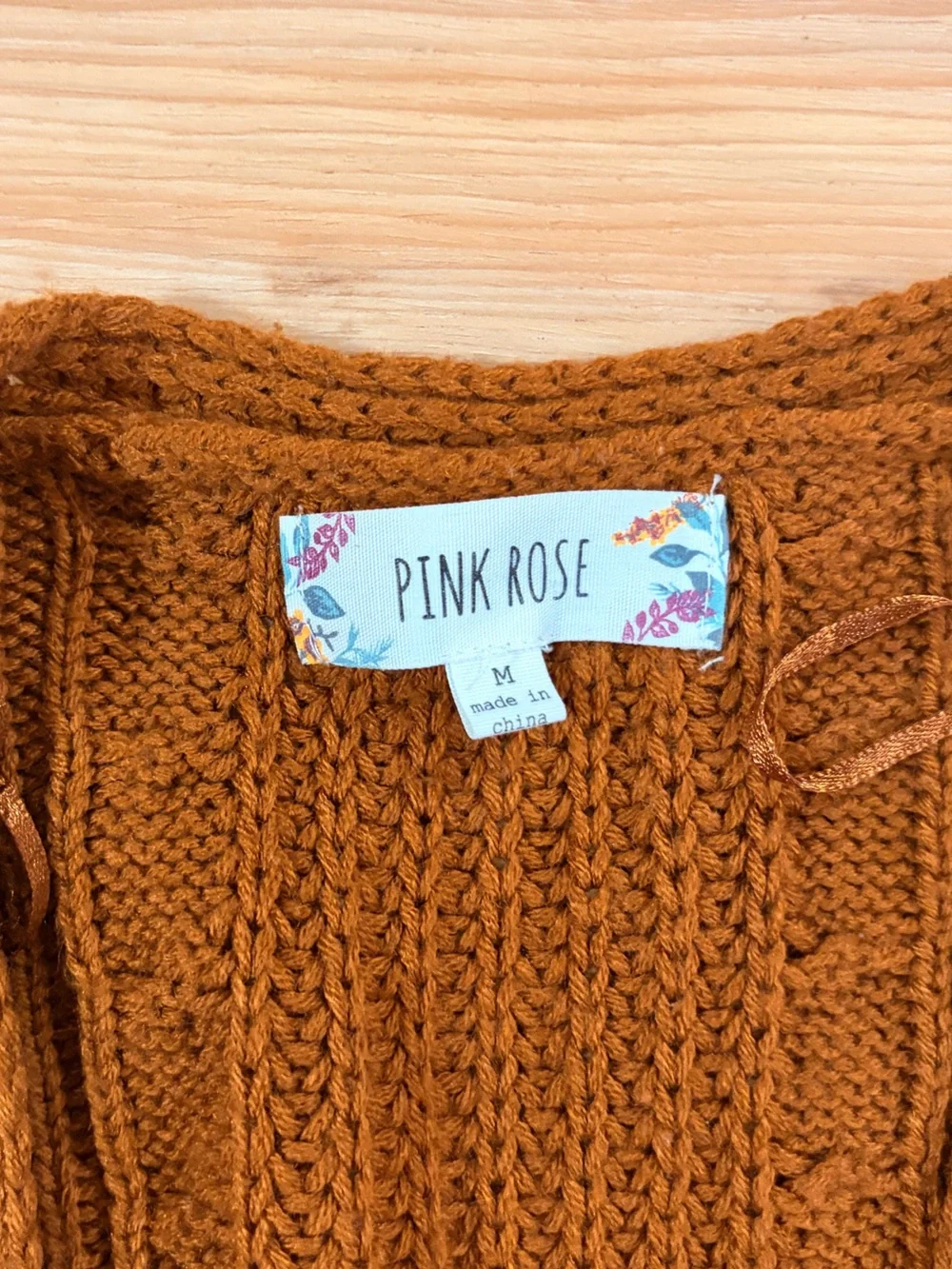 Pink Rose Men's Cable Knit Open Cardigan - Rust